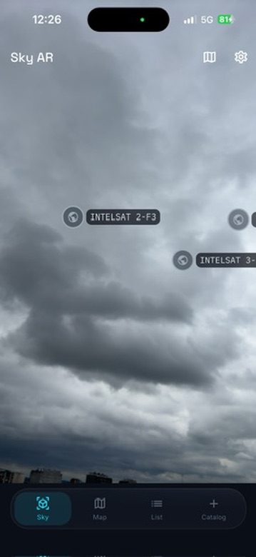Sky AR view tagging satellites over live camera feed