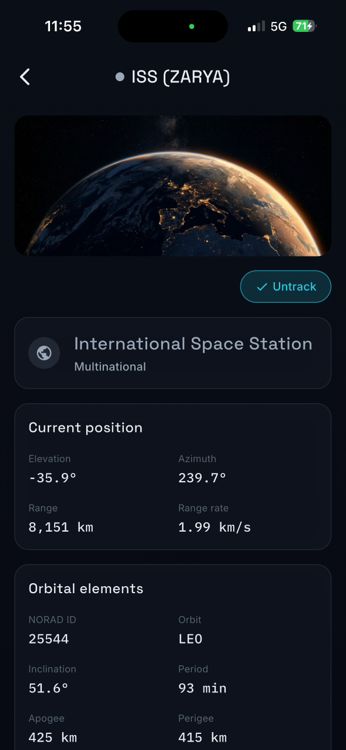 ISS detail view with current position and range