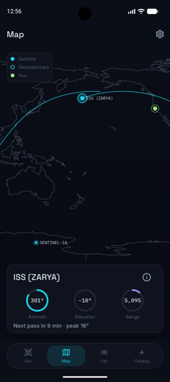 Map view with ISS ground track and next-pass countdown